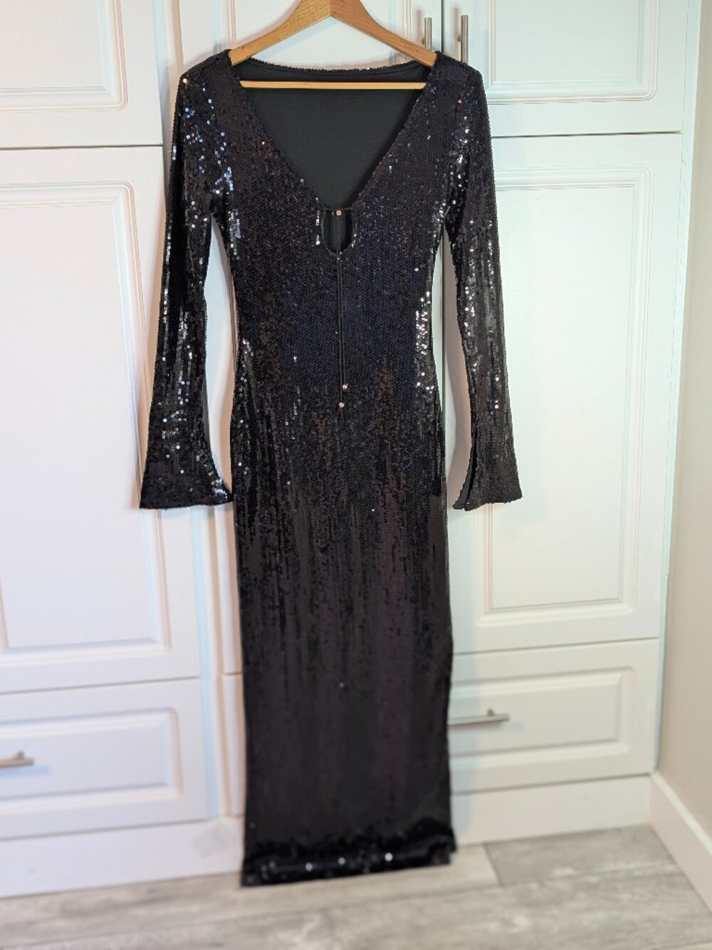 Black Sequin Gown Formal Open Back Long Sleeve Maxi Dress Slit XS Custom NWOT - Picture 6 of 16